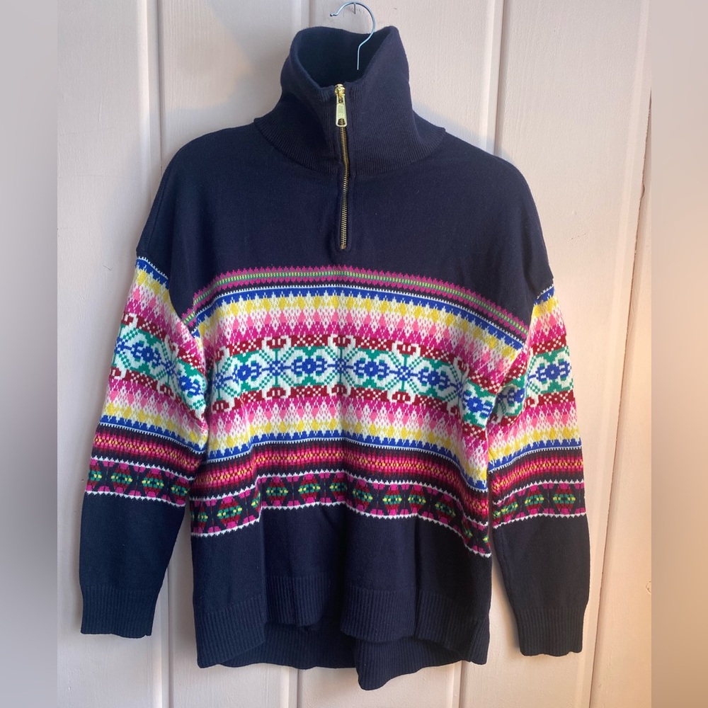 Talbots Navy Multicolor Patterned Turtleneck Sweater
